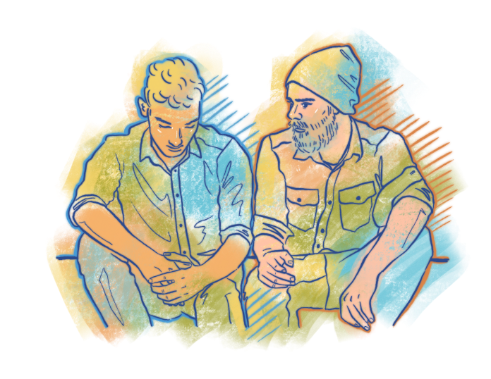 Illustration of two people sitting next to each other. One looking down and the other looking their friend.