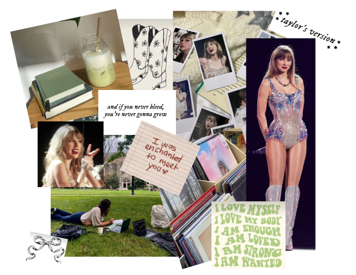 A collection of photos including Taylor Swift, drinks, books, cowboy boot illustration, and song lyrics.
