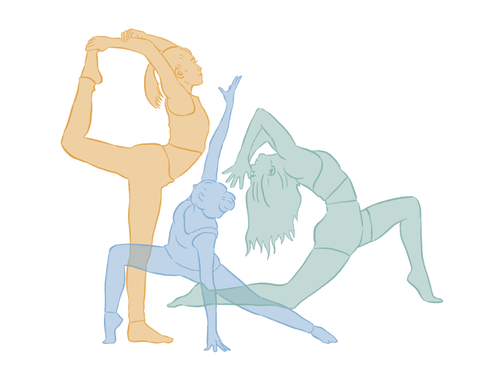 Three figures, one orange, one green, one blue, in various yoga positions.