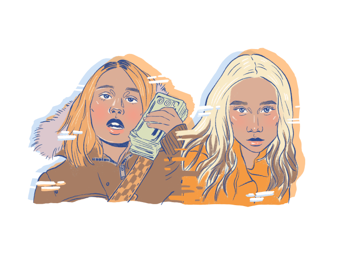 Two illustrations of Lil Tay. One image she is holding a stack of money up to her ear like a phone. The other, she is looking forward wearing orange.