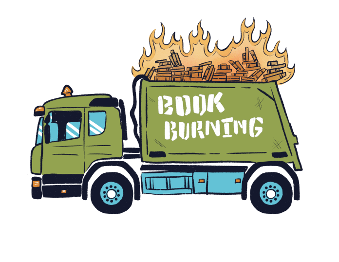 Illustration of garbage truck with burning books on top. Side of the truck reads book burning.