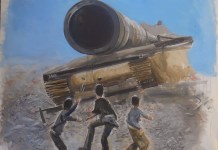 Silent Waves Painting of three subjects standing in front of a tank on rubble.