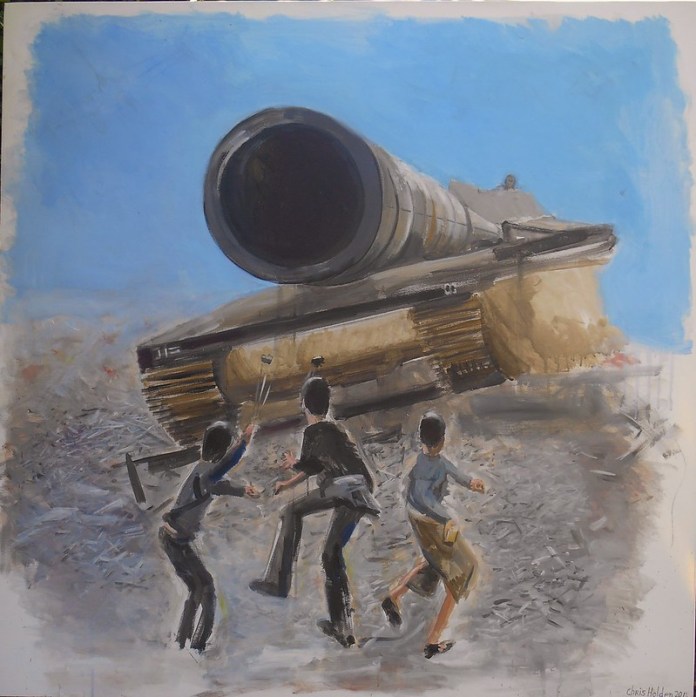 Painting of three subjects standing in front of a tank on rubble.