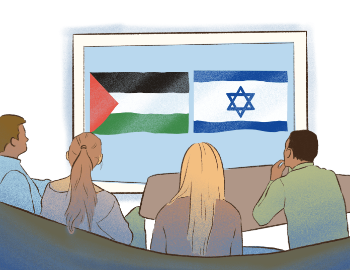 Illustration of three students looking at a slideshow show the Palestine and Israel flags.