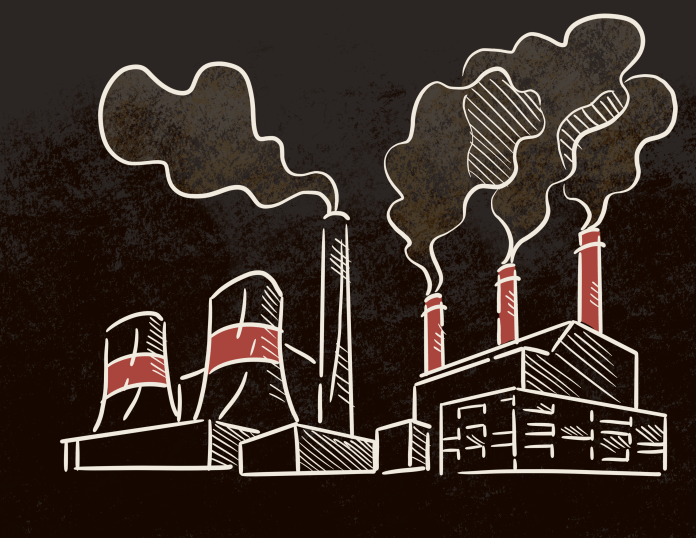Line illustration of a factory and smoke stacks.