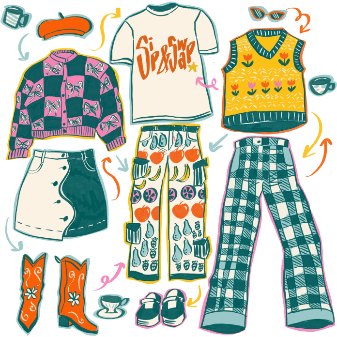 Illustration of three outfits: a sweater, t shirt, vest, skirt, two pairs of pants, and two pairs of shoes.