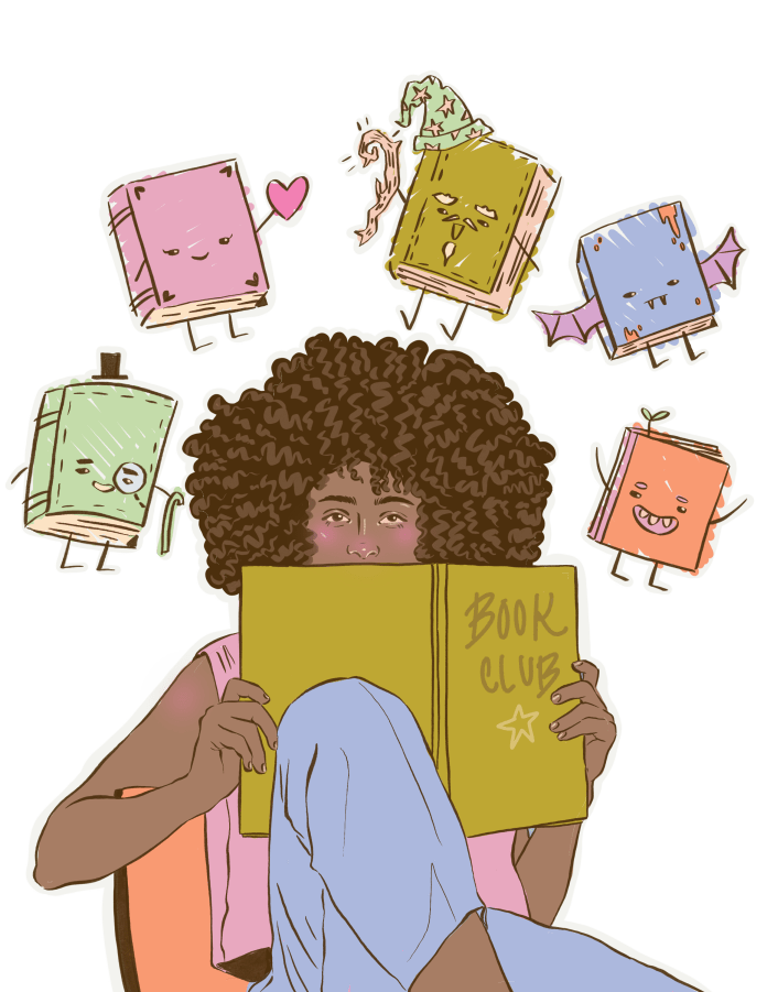 Illustration of a woman reading a book with personified books floating over her.