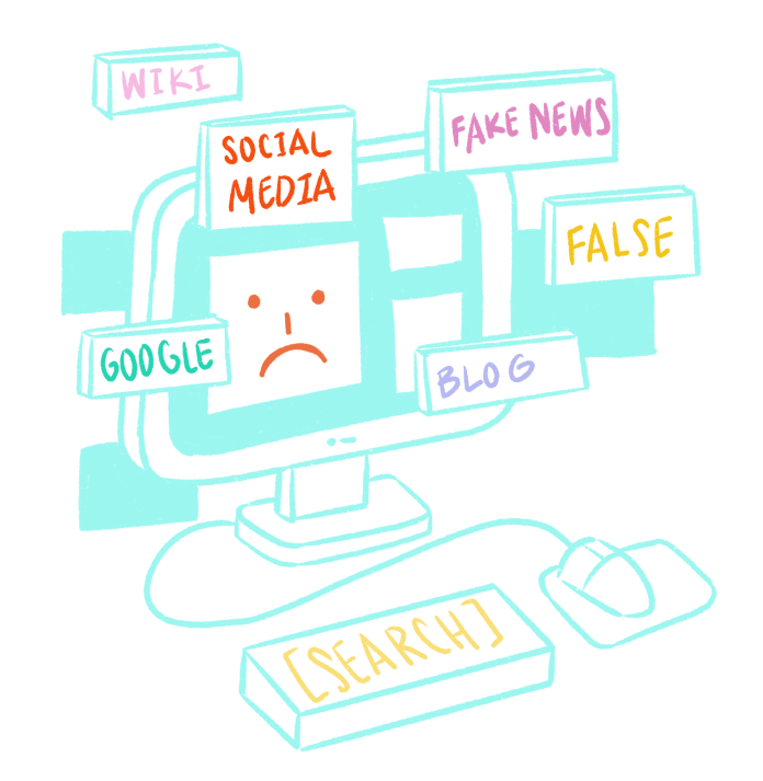 Illustration of a computer with text bubbles. Bubbles read 