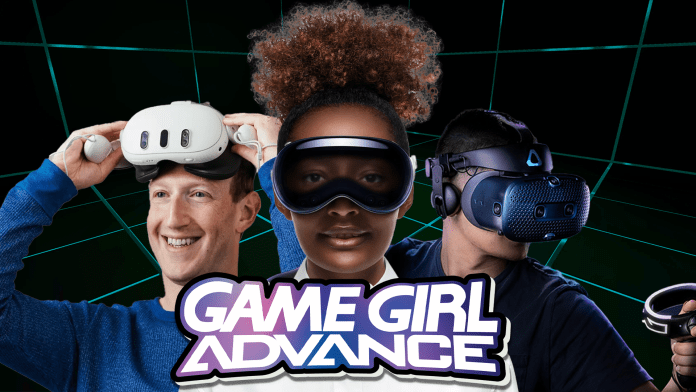 Three people wearing VR headsets. Game Girl Advance logo below.