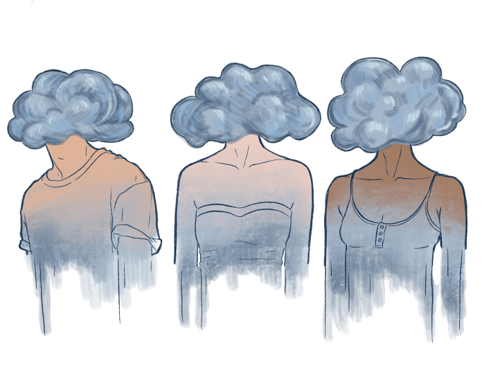 Illustration of three figures. All are people's torsos with clouds for heads.