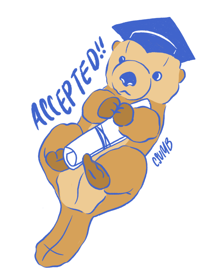 Illustration of otter stuffed animal wearing a cap, holding a diploma. Graphic says accepted CSUMB.