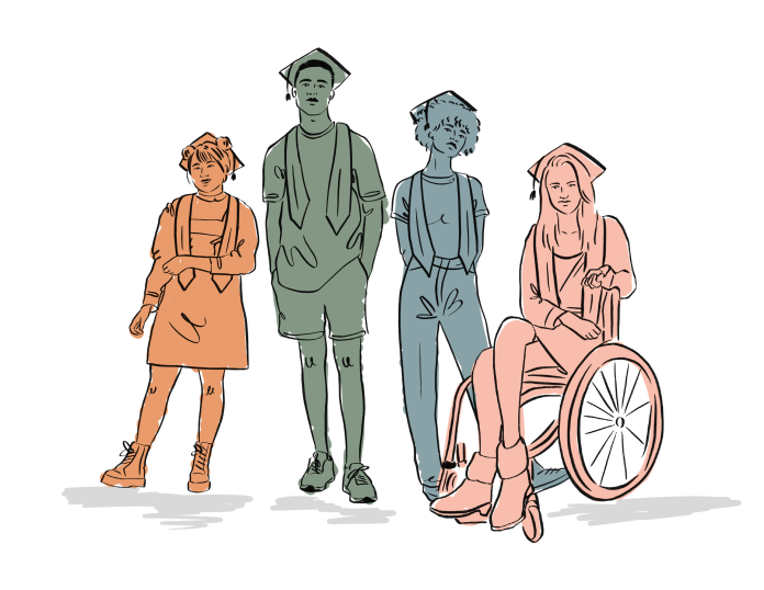 Illustration of four students wearing graduation caps.
