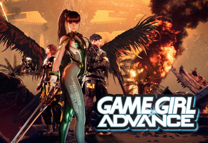 Three video game characters with metallic weapons and clothing standing in front of rubble.