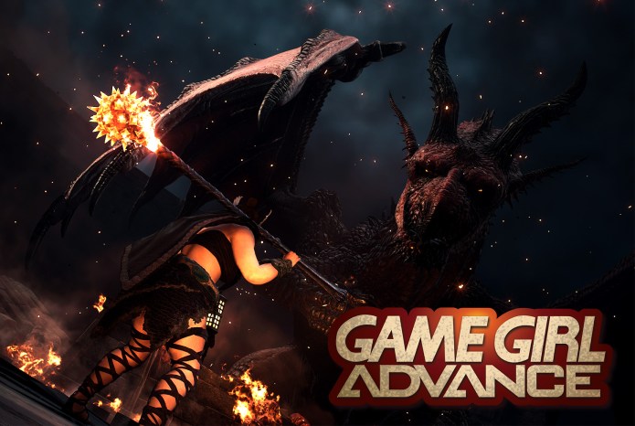 Screenshot of video game. Dragon and character holding a flaming weapon. Game Girl Advance logo at bottom center.