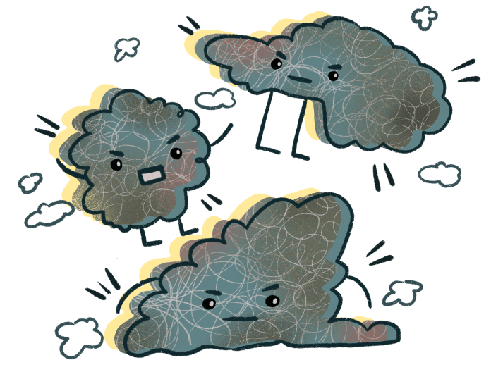 A cartoon illustration if three cloud-shaped mold monsters.