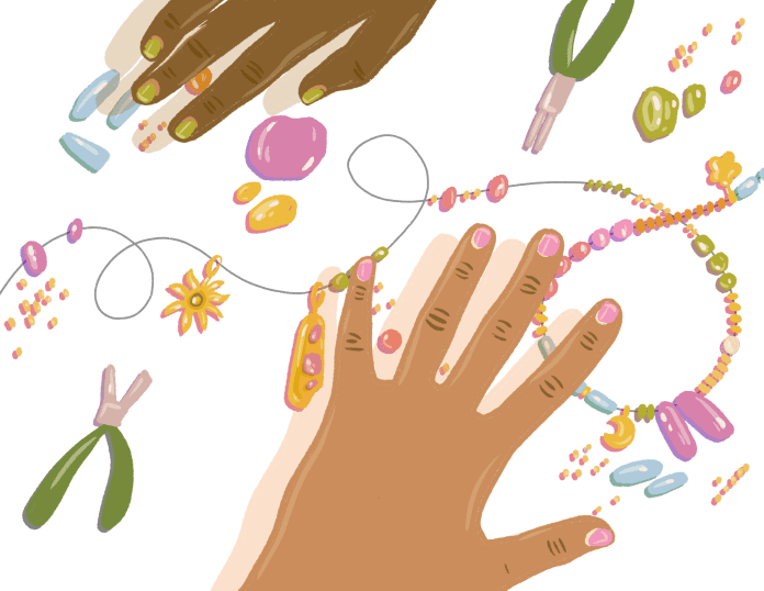 Illustration of hand and crafting tools and supplies for making charm bracelets.