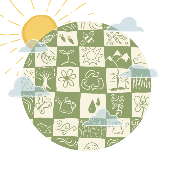 Illustration of a checkered sphere with multiple small earth related doodles. Sun and clouds surrounding the sphere.