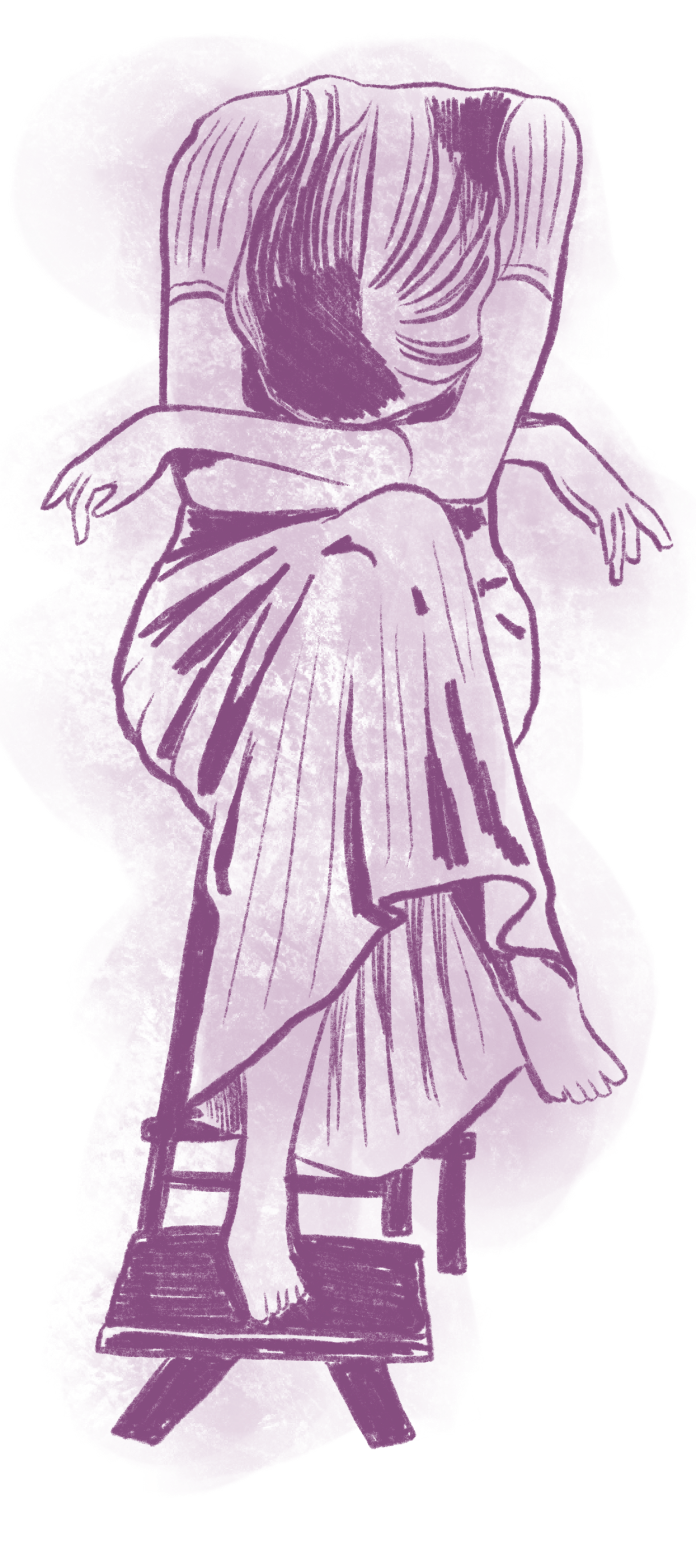 Purple illustration of a person sitting on a stool with their head down by their knees.