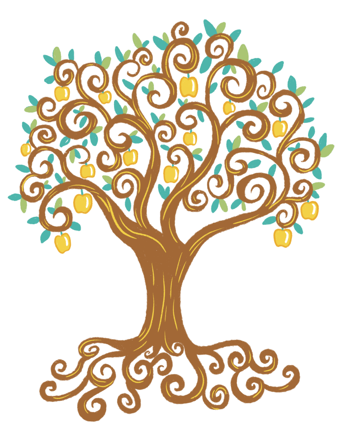 Illustration of tree with curly branches and yellow fruit.
