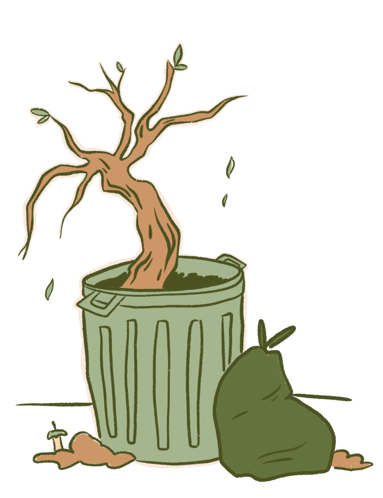 Illustration of tree growing out of a garbage can, with a trash bag sitting next to it.