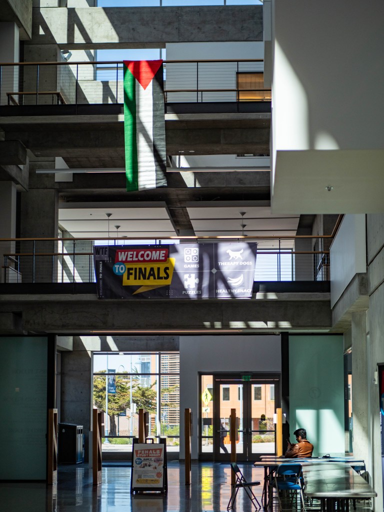 Inside of library with a Palestine flag hanging off railing.