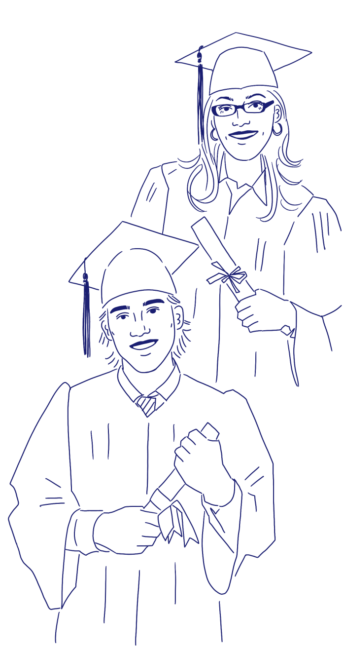 Illustration of two graduates wearing caps and gowns holding diplomas.