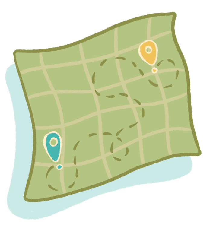 Illustration of a map with a path and two pins.