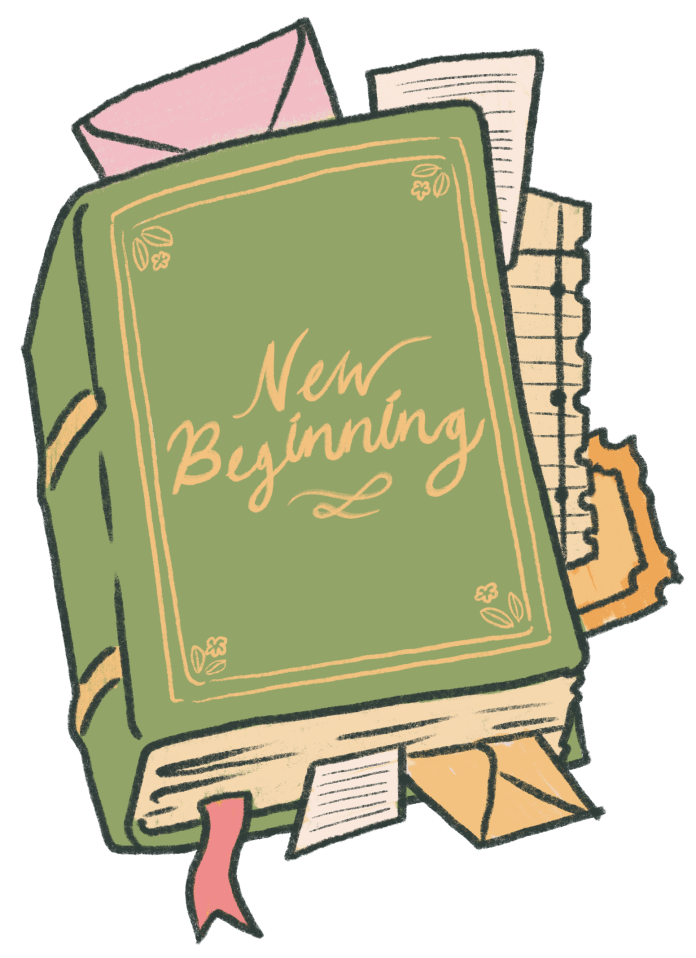 Illustration of a large book with notes and envelopes sticking out of the pages.