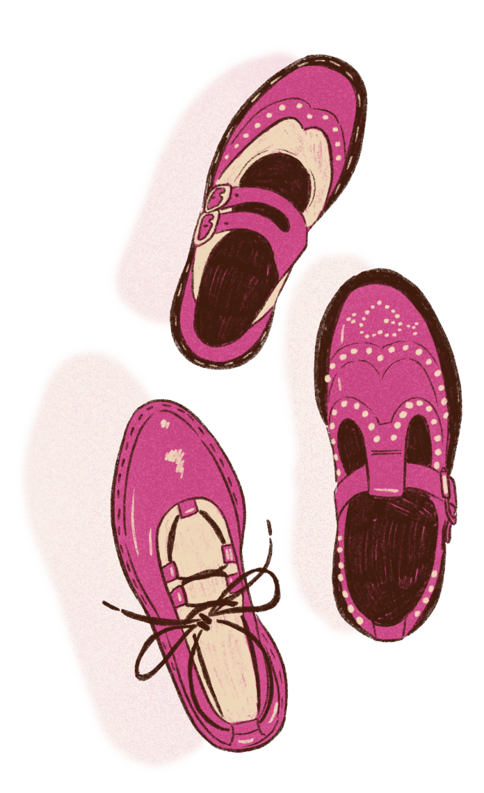 Three pink shoes of different types.