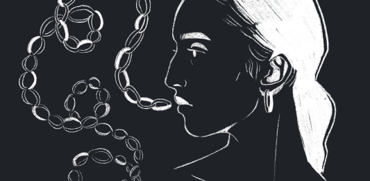 Artwork made by Visual Editor Zoe Kapp depicting a woman and chains and a lock coming out of her mouth.