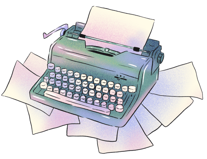 Artwork of a iridescent typewriter on a stack of papers.