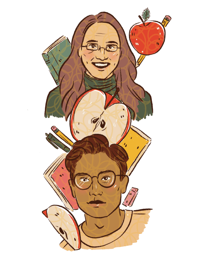 Illustration of two teachers and a collage of apples and school suppplies.