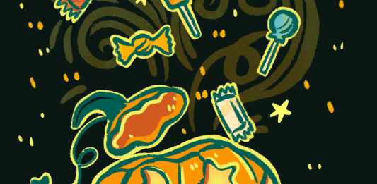 illustration of a pumpkin and candy flying out of the pumpkin