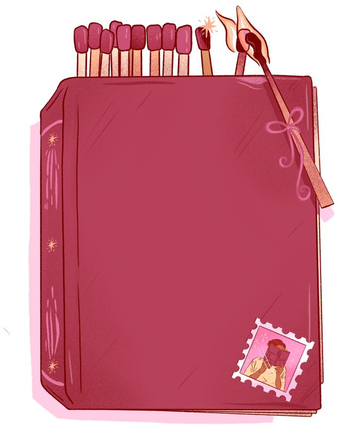 illustration of a book with one lit match lighting another match.