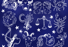 December Horoscopes Artwork of the zodiac signs on a blue cloth