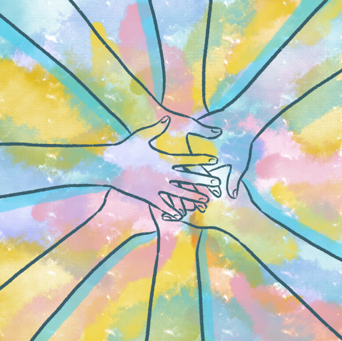 Illustration of 7 hands joining together in a circle with a rainbow tie dye color scheme