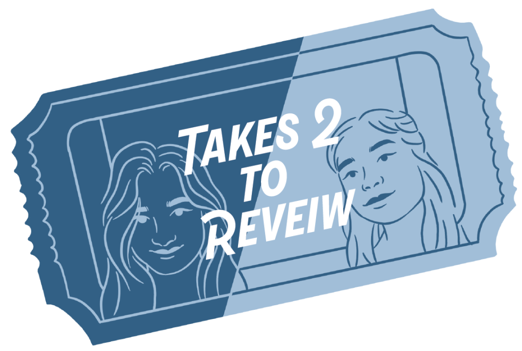 small sticker in the shape of a ticket for Takes 2 To Review.