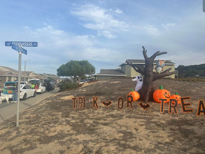 Picture of an inflatable tree with inflatable pumpkins on a hill with some lettering that spells 