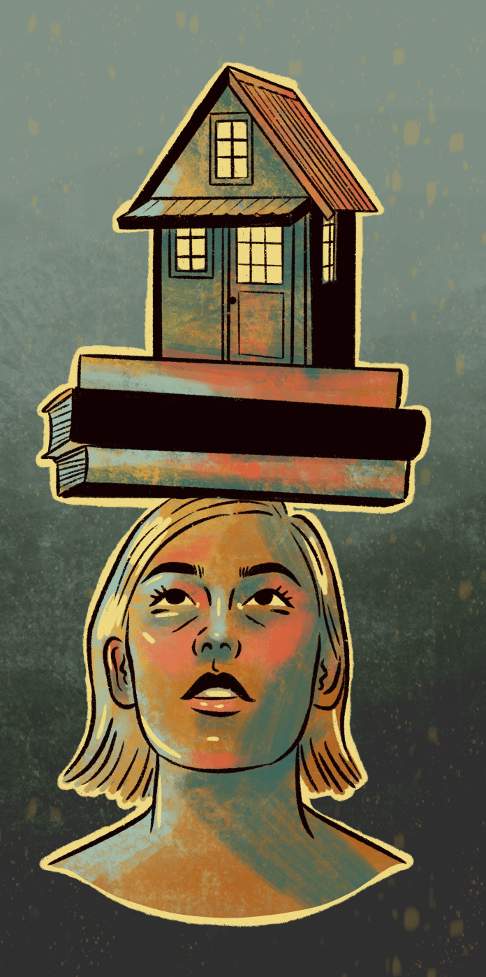 Illustration of a house balancing on books while balancing on someone's head