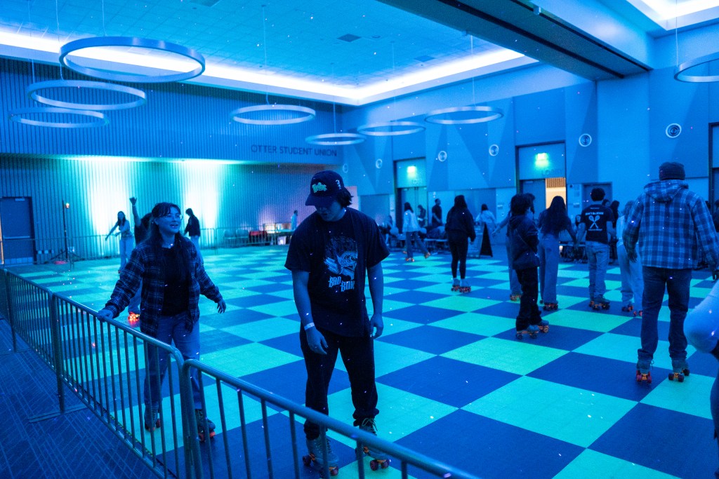 a shot of the roller rink with groups of students skating
