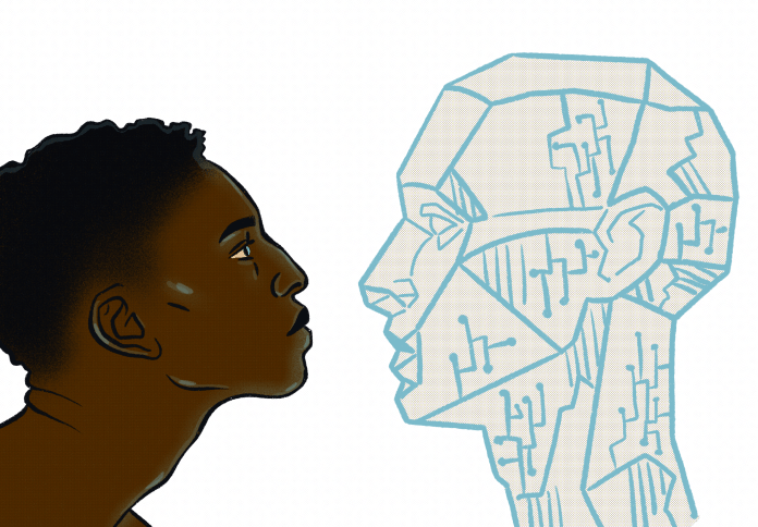 Draawing of a man looking at an AI man