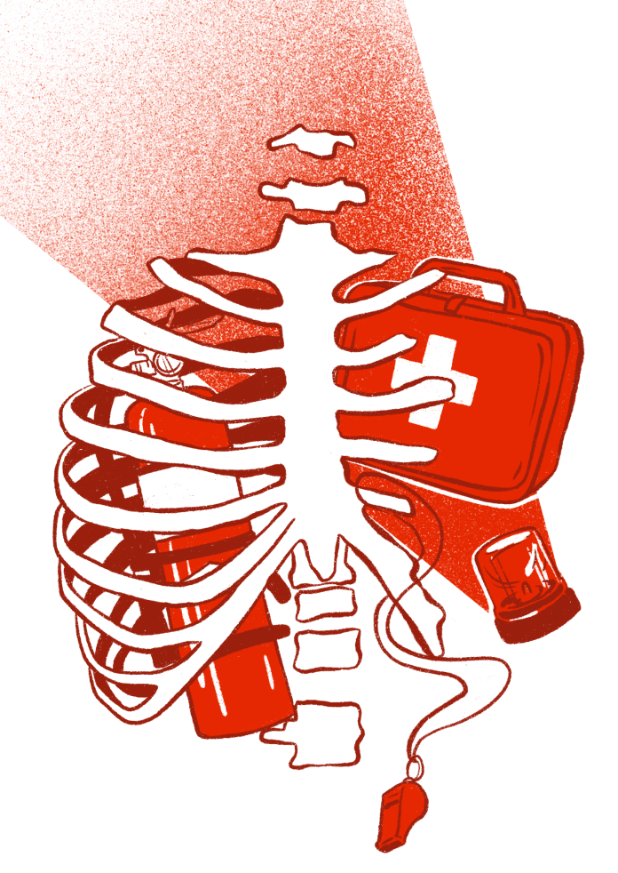 illustration of a ribcage with emergency materials inside it