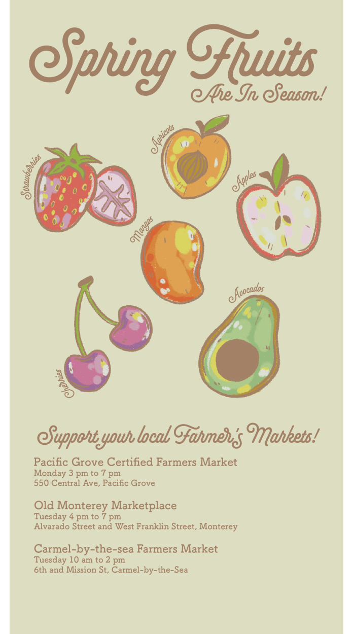 Infographic detailing the fruits that are in season this spring and some local farmers markets that sell them