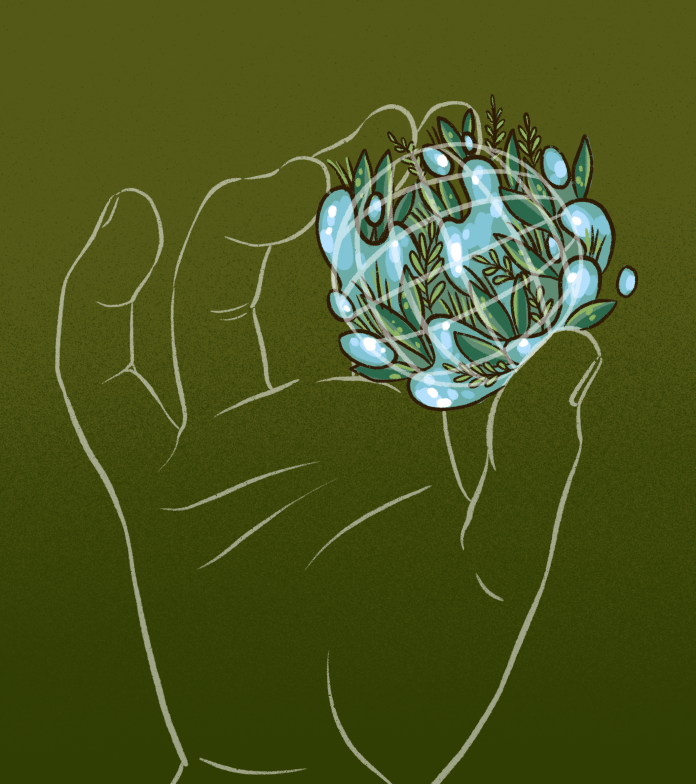 Illustration of a hand holding a water and grass orb