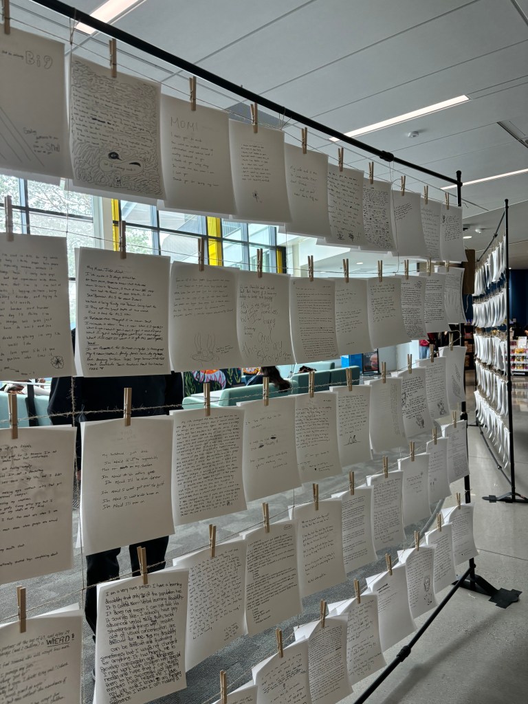 Close up of some of the hung up stories