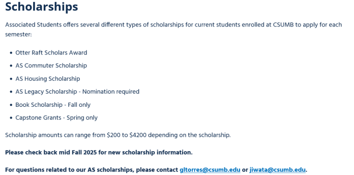 Screenshot detailing some scholarships available